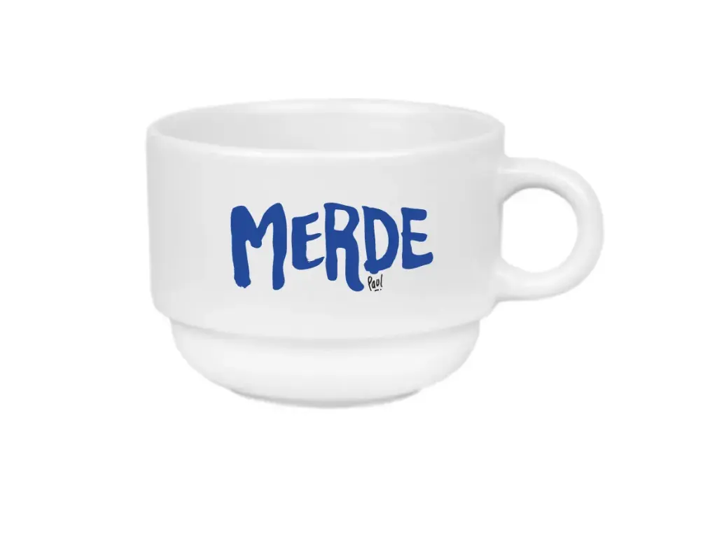 [CERAMIQUE] (bleu fonce) MERDE LOGO / tasse céramique blanc
